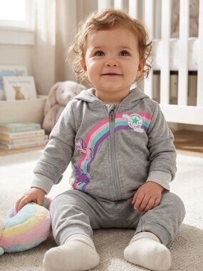 Converse Kids Gray Hooded Rainbow Unicorn Jumpsuit Romper-9M